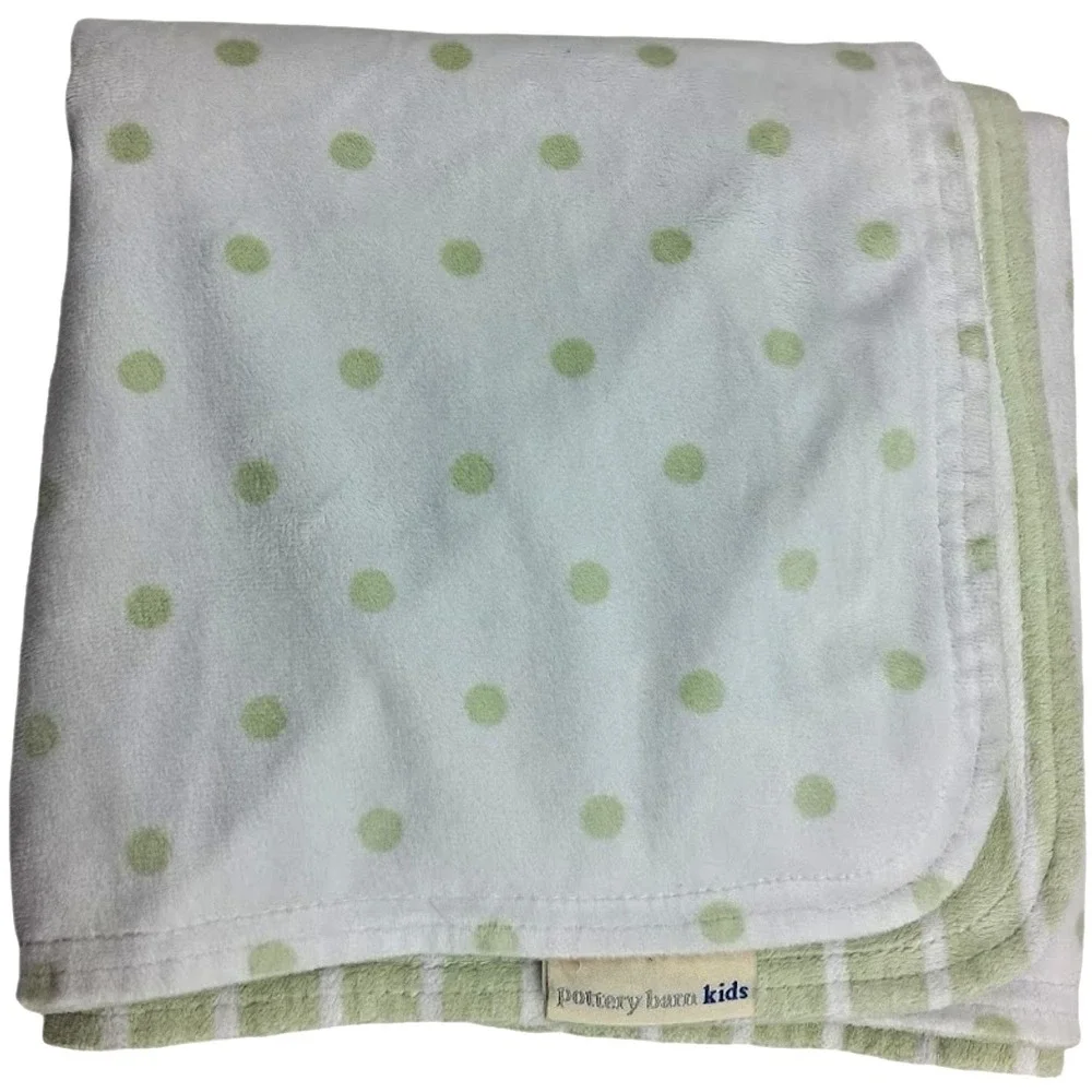 Pottery Barn Kids Green Striped Polka Dot Baby Blanket Reversible Chamois Unisex
